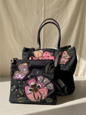 Prada Patch BundleBlack Floral Appliqué Tote and Crossbody Set